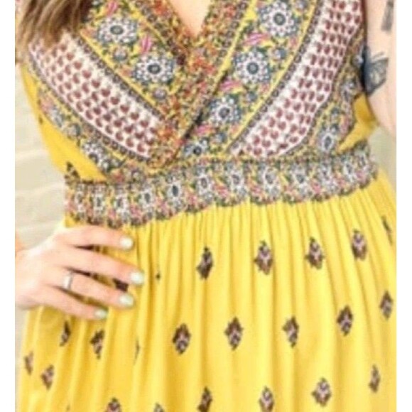 Ces Femme Dress Size L Maxi Boho Festival Yellow Crossover V Neck Front Floral - Picture 3 of 10